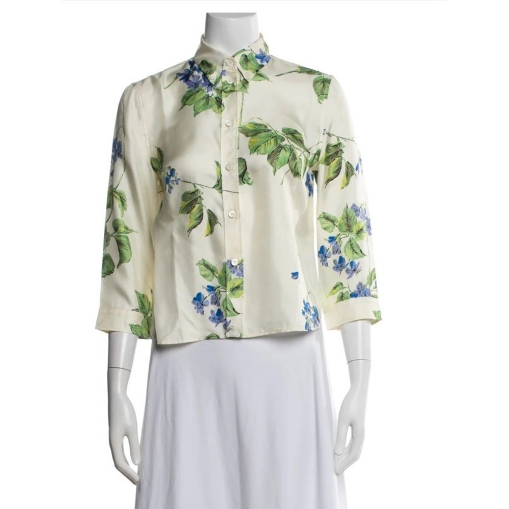 Prada 2024 Women's Floral Print Button Front Blouse 3/4 Sleeve Silk Sz 40